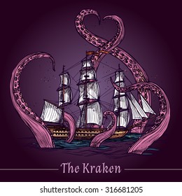 Kraken decorative emblem with sail ship in giant monster tentacles colored sketch vector illustration