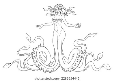 Kraken girl. Octopus woman sketch vector illustration. Beautiful sea creature