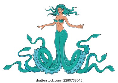 Kraken girl. Vector Illustration of a Woman Octopus. Pretty sea Creature