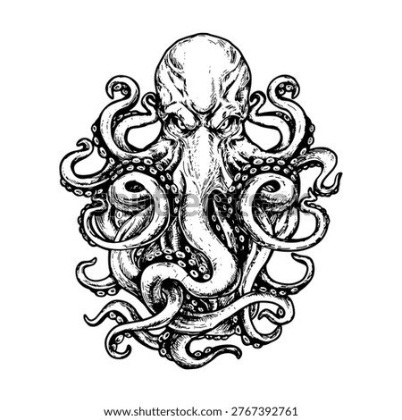 Kraken handrawn engraved style vector isolated. Octopus vector