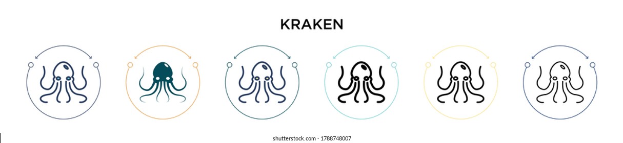 Kraken icon in filled, thin line, outline and stroke style. Vector illustration of two colored and black kraken vector icons designs can be used for mobile, ui, web