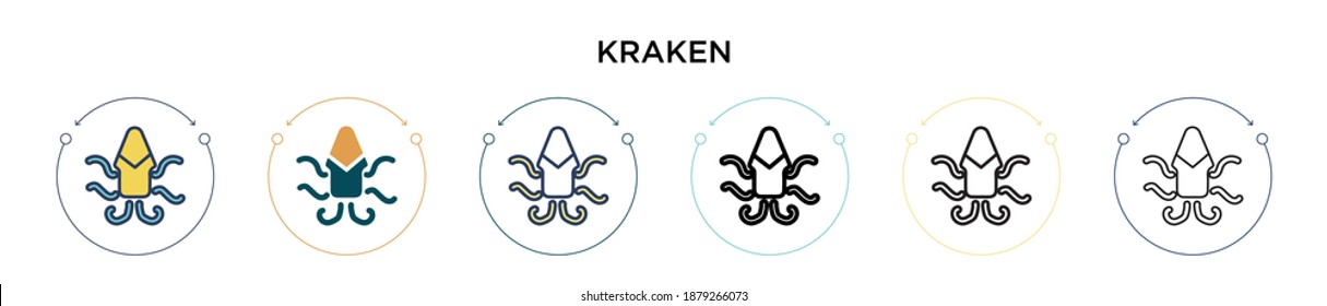 Kraken icon in filled, thin line, outline and stroke style. Vector illustration of two colored and black kraken vector icons designs can be used for mobile, ui, web