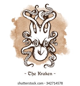 The Kraken. Legendary sea monster giant octopus hand drawn vector illustration