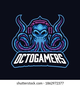 Kraken octopus with gaming headphone for esports logo template