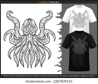 kraken octopus mandala arts isolated on black and white t shirt.