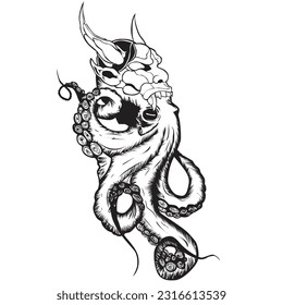 kraken octopus with mask over its head isolated on white background, design tattoo, doodle design