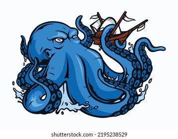 Kraken octopus monster grasping Sailing Ship vector