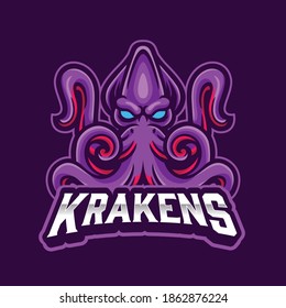 Kraken octopus sea monster mascot logo with blue eyes logo template