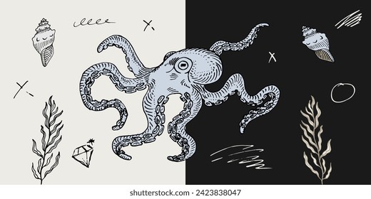 kraken octopus sketch vintage retro set doodle