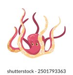 Kraken octopus with tentacles, sucker limbs, flat cartoon animal. Vector marine creature, sea and ocean underwater squid illustration. Aquatic cuttlefish, cephalopod octopus seafood