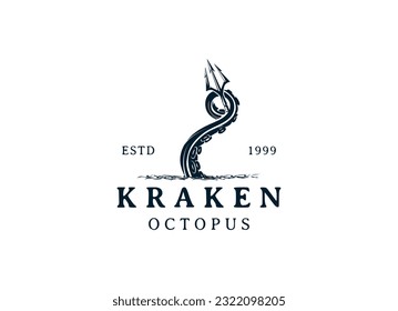 kraken octopus trident hipster vintage logo vector icon illustration