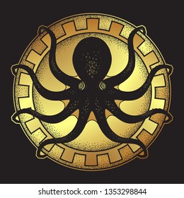 Kraken on shield hand drawn black and gold line art and dot work isolated vetor illustration