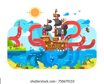 Kraken sea monster and sinks ship design flat. Ocean character squid and monster octopus, vector illustration