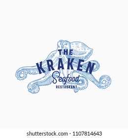 The Kraken Seafood and Fish Restaurant Abstract Vector Sign, Symbol or Logo Template. Hand Drawn Octopus with Classy Retro Typography. Vintage Vector Emblem. Isolated.