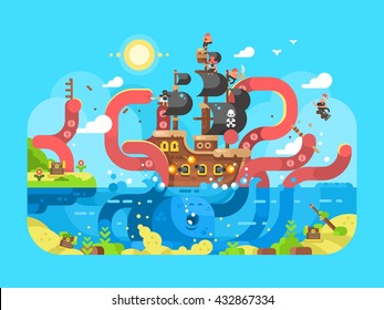 Kraken ship sinks design flat. Ocean squid and monster octopus, vector illustration