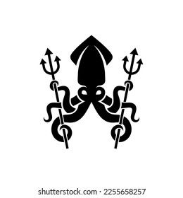 Calamar kraken con el vector del logotipo tridente, plantilla del logotipo del pulpo