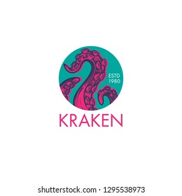 "Kraken" tentacles logo. Hand drawn vector illustration of an octopus palps  in engraving technique. Elegant emblem design for Japanese cuisine restaurant, sushi bar.