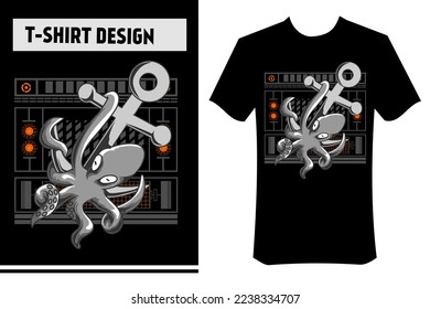 kraken vector illustration, scary sea octopus, with anchor, underwater. monochrome color, streetwear concept, flat design. Perfect for printing on t-shirts, apparel, hoodies, posters, stiker.