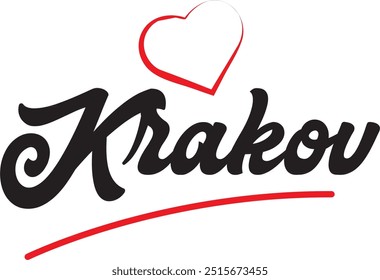 Krakov city text design with red heart typographic icon design suitable for touristic promotion
