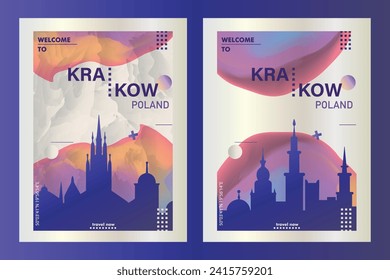 Krakow city poster pack with abstract skyline, cityscape, landmark and attraction. Poland old town vector illustration layout set for vertical brochure, website, flyer, presentation