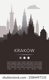 Krakow city template for website, presentation, front page, invitation, publication sheet with skyline, landmarks. Vector Poland image layout, simple and grayscale