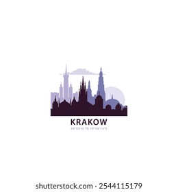 Krakow logo with skyline, cityscape retro vector icon. Poland city horizon, facade, travel logotype