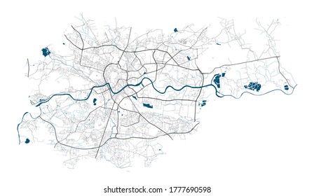 Krakow map with roads and rivers, city municipality administrative borders, art design with grey and blue on white background