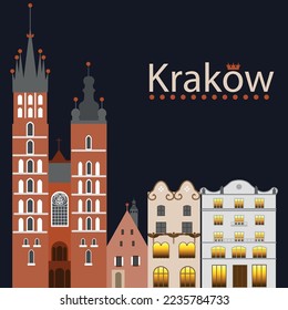 Krakow Old Town Historical Buildings Vector Illustration