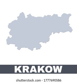 Krakow outline map. Vector map of Krakow city area within its borders. Grey with shadow on white background. Isolated illustration.