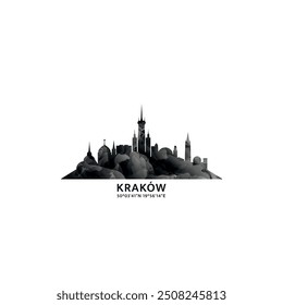 Krakow panorama, vector badge, skyline logo and icon. Poland city horizon logotype with landmarks and building silhouettes. Isolated foggy abstract gradient graphic