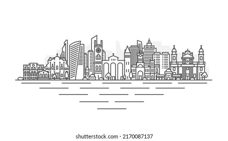 Krakow, Poland architecture line skyline illustration. Linear vector cityscape with famous landmarks, city sights, design icons. Landscape with editable strokes.