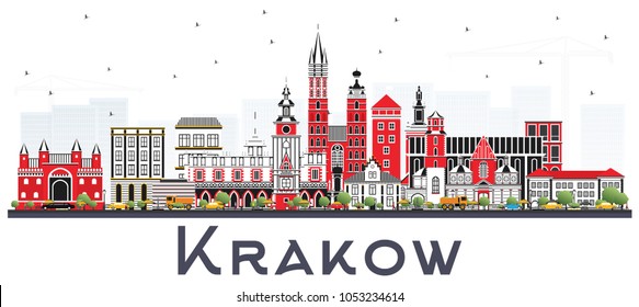 Krakow Poland City Skyline with Color Buildings Isolated on White. Vector Illustration. Business Travel and Tourism Concept with Historic Architecture. Krakow Cityscape with Landmarks.