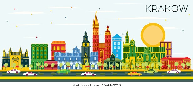 Krakow Poland City Skyline with Color Buildings and Blue Sky. Vector Illustration. Business Travel and Tourism Concept with Historic Architecture. Krakow Cityscape with Landmarks.