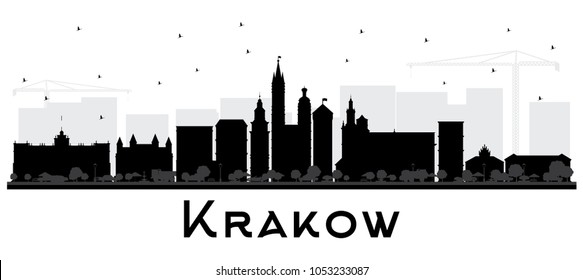 Krakow Poland City Skyline Silhouette with Black Buildings Isolated on White. Vector Illustration. Business Travel and Tourism Concept with Historic Architecture. Krakow Cityscape with Landmarks.
