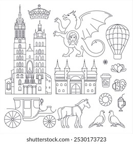 Krakow Poland line style icons set. Original linear  icons set