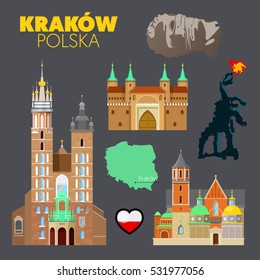 Krakow Poland Travel Doodle with Architecture, Dragon and Flag. Vector illustration