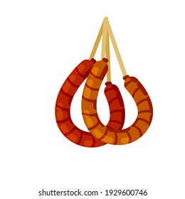 Krakow sausage. National Polish food. Bundle of Meat product on rope. Store and market element. Flat cartoon illustration. European delicacy