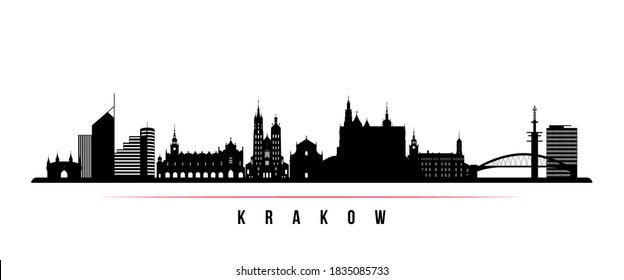 Krakow skyline horizontal banner. Black and white silhouette of Krakow City, Poland. Vector template for your design. 