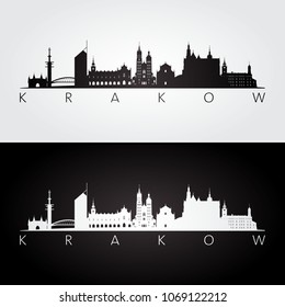 Krakow skyline and landmarks silhouette, black and white design, vector illustration.