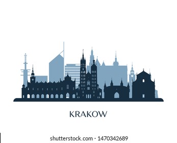 Krakow skyline, monochrome silhouette. Vector illustration.