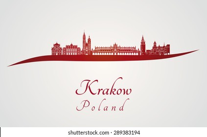 Krakow skyline in red and gray background in editable vector file