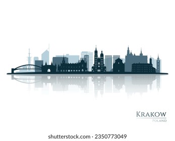 Krakow skyline silhouette with reflection. Landscape Krakow, Poland. Vector illustration.