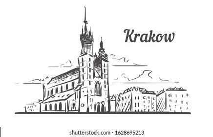 Krakow skyline sketch. Krakow, Poland  hand drawn illustration isolated on white background.