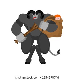 Krampus and boy. Anti Santa Claus for bad kids. Scary horned monster. Merry christmas illustration vector
