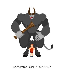 Krampus and boy. Anti Santa Claus for bad kids. Scary horned monster. Merry christmas illustration vector
