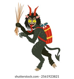 Krampus cartoon character. Cute demon. Hand drawn Christmas Krampus Goat devil illustration. Stock vector illustration isolated on white background.