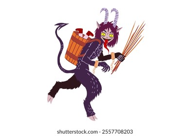 Krampus character. Cute cartoon Christmas Krampus kidnaps and punishes children. Goat devil illustration. Stock hand drawn vector illustration isolated on white background.