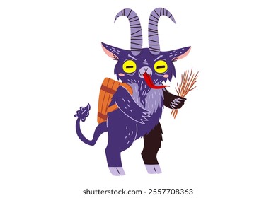 Krampus character. Cute cartoon Christmas Krampus Goat devil illustration. Stock hand drawn vector illustration isolated on white background.