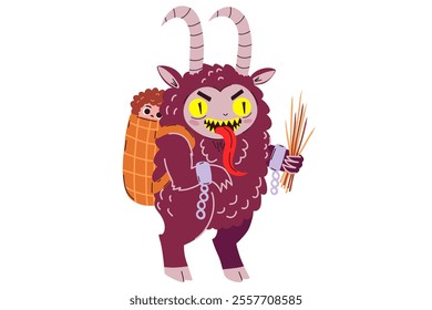 Krampus character. Cute cartoon Christmas Krampus Goat devil illustration. Stock hand drawn vector isolated on white background.