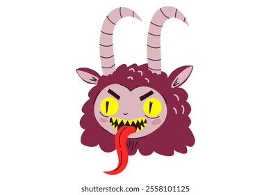 Krampus character. Cute cartoon demon. Hand drawn Christmas Krampus Goat devil illustration. Stock vector illustration isolated on white background.